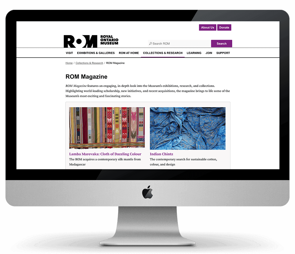 Screenshot of Royal Ontario Museum online magazine landing page.